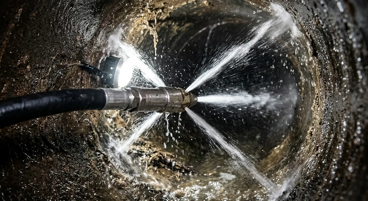 High-pressure hydro jetting nozzle cleaning sewer pipe for Storm Drain Cleaning in Princeton